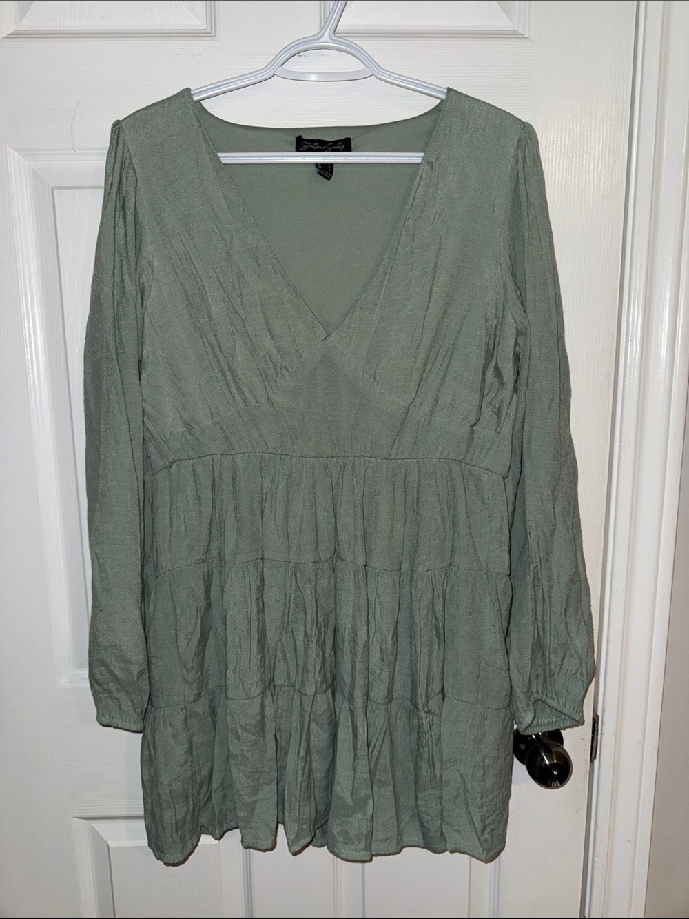 Streetwear Society Sage Green V-Neck Tiered Long Sleeve Dress